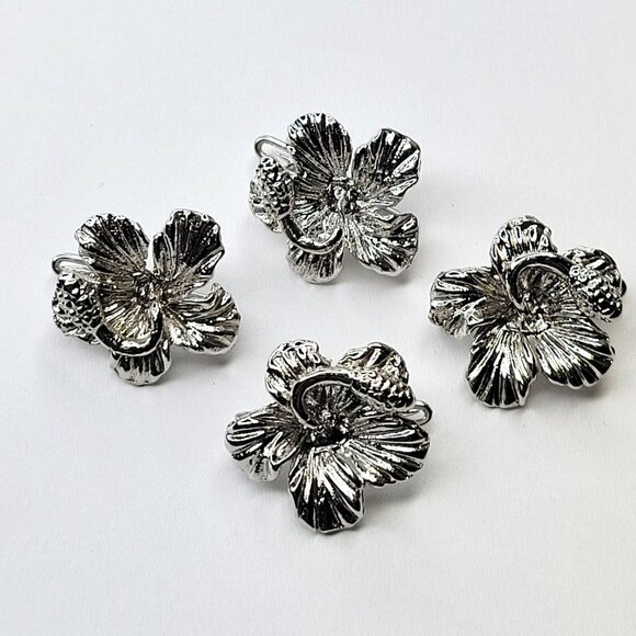 Four Mini Flower Brooch Pins Rhodium Plated Hibiscus Flower Pins - Set of 4 Pins - Picture 4 of 8